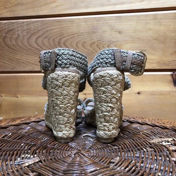 Stuart Weitzman Khaki Crochet Alex Ankle Halter Wrap Espadrille Wedge Sandal 8.5 - Picture 7 of 16